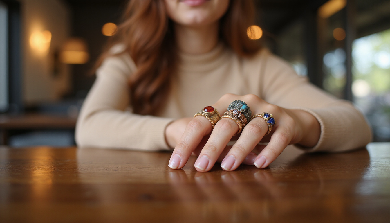 Woman wearing mixed-metal zodiac stacking rings, textured gemstones, warm cafe background, effortless modern elegance