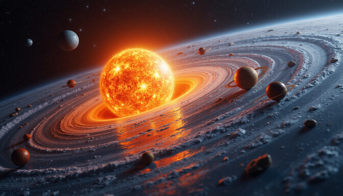 Cutaway solar system with curved spacetime grid, planets warping fabric, luminous trajectories