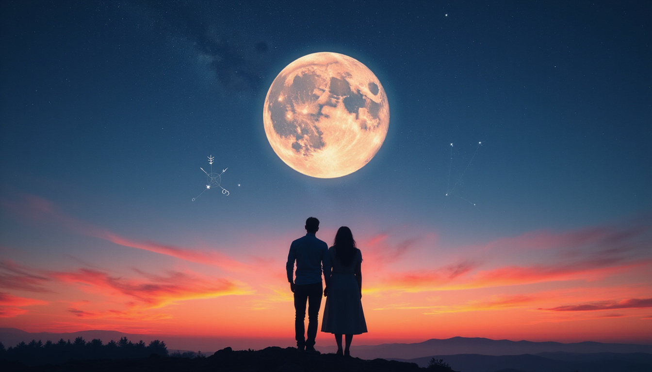 Moon and Venus alignment above silhouetted couple, starry sigils, astrological glyphs, warm twilight hues
