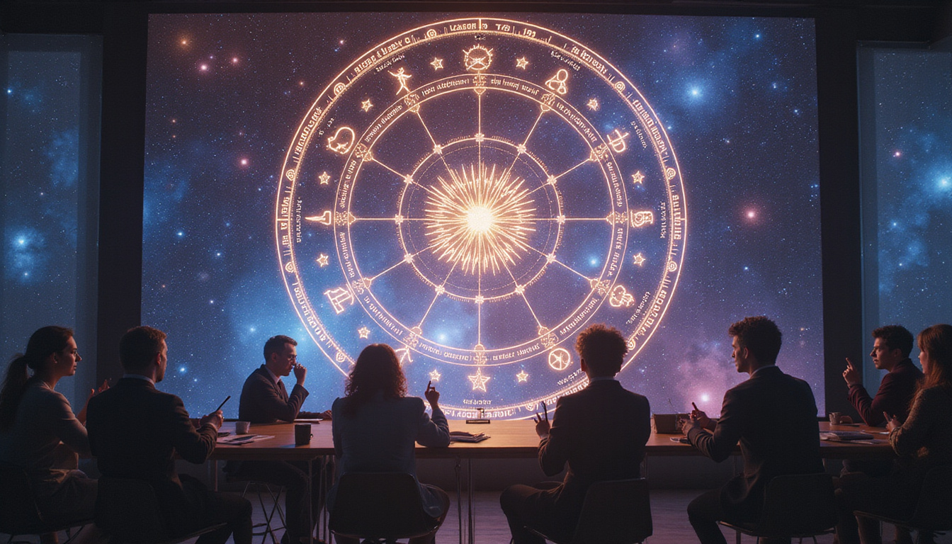 Elegant cosmic classroom, holographic birth chart projections, zodiac symbols, scholarly hands pointing