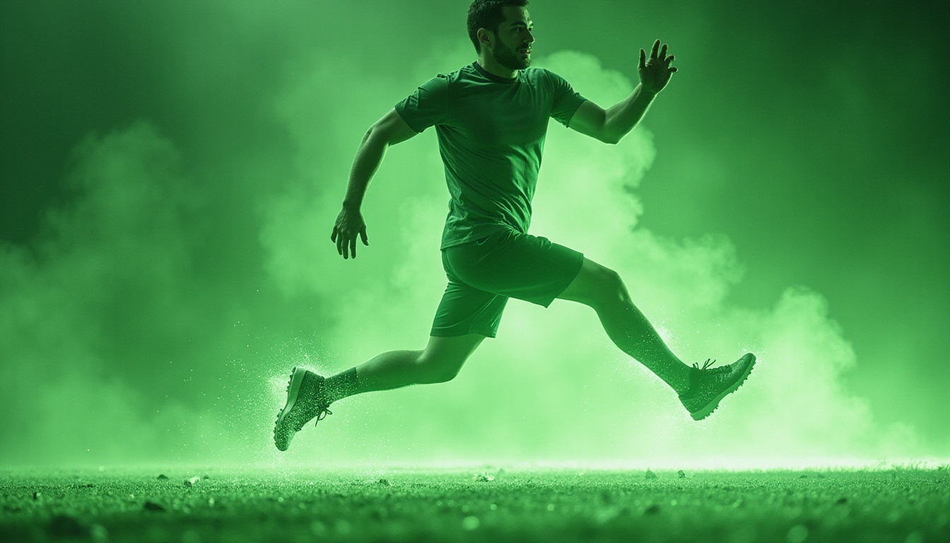  dynamic athlete leaping, radiant green energy pulses from cushioned soles, boosted vitality, vibrant motion blur