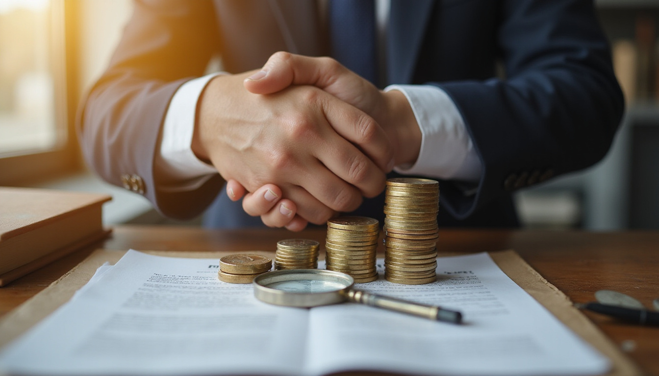  Handshake over property contract with vintage magnifying glass, stacks of coins, warm cinematic lighting