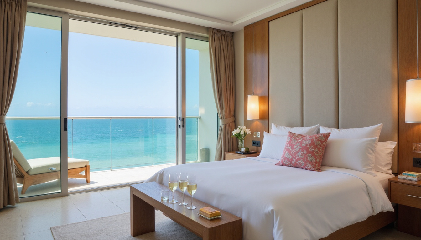 Elegant beachfront suite balcony overlooking turquoise sea, plush king bed, champagne, minimalist decor