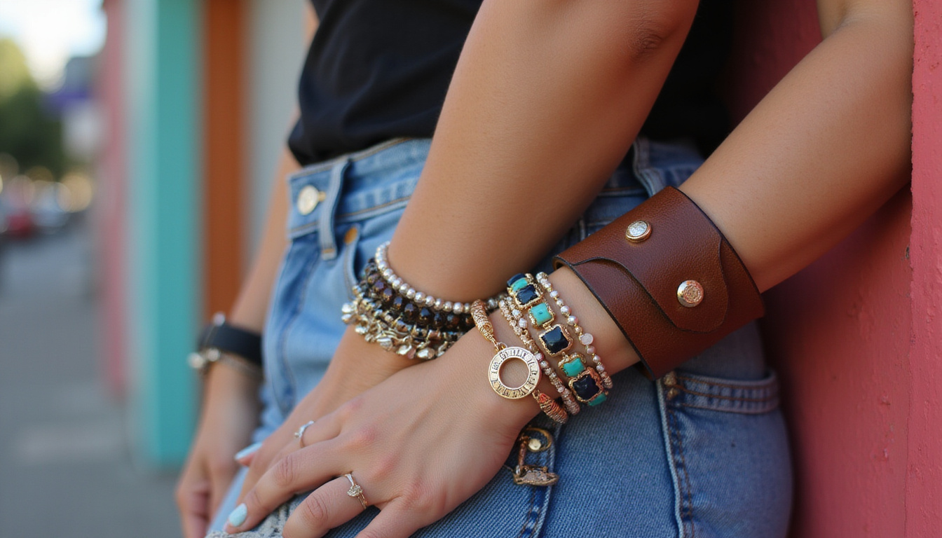 Urban street style shot: eclectic charm bracelets stacked with leather cuff, denim, bold lipstick