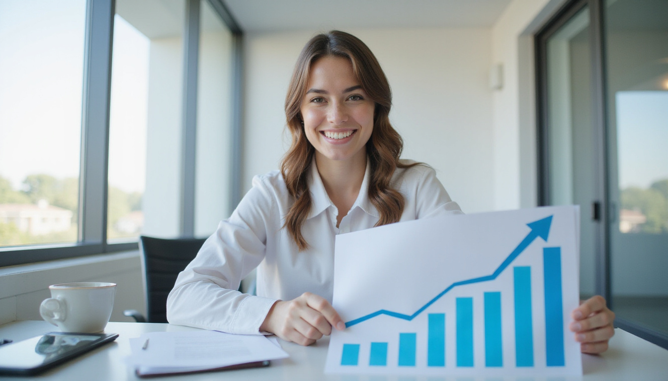  Confident coder reviewing claims, rising reimbursement bar graph, paperwork organized, calm modern clinic