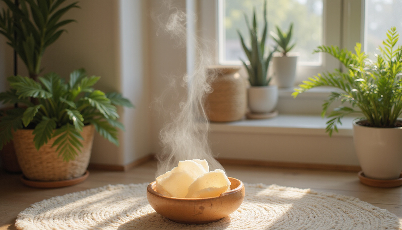 Beginner smiling, gentle hand waving palo santo, ethereal smoke forming protective light, houseplants and soft rug