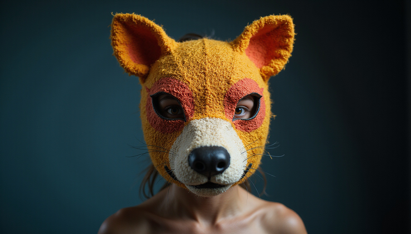 Close-up portrait of eco animal mask stealing spotlight, recycled fabrics, dramatic studio lighting