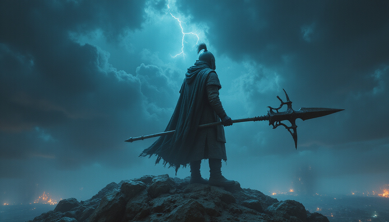  Warrior clutching cursed spear in stormy night revealing shadowy visions of empires