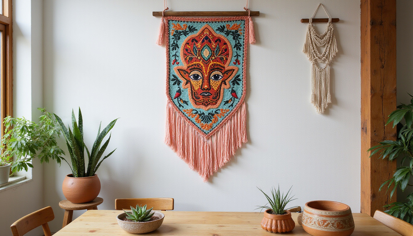  Boho interior styled with embroidered Hamsa wall hanging, macrame, succulents, warm earthy tones