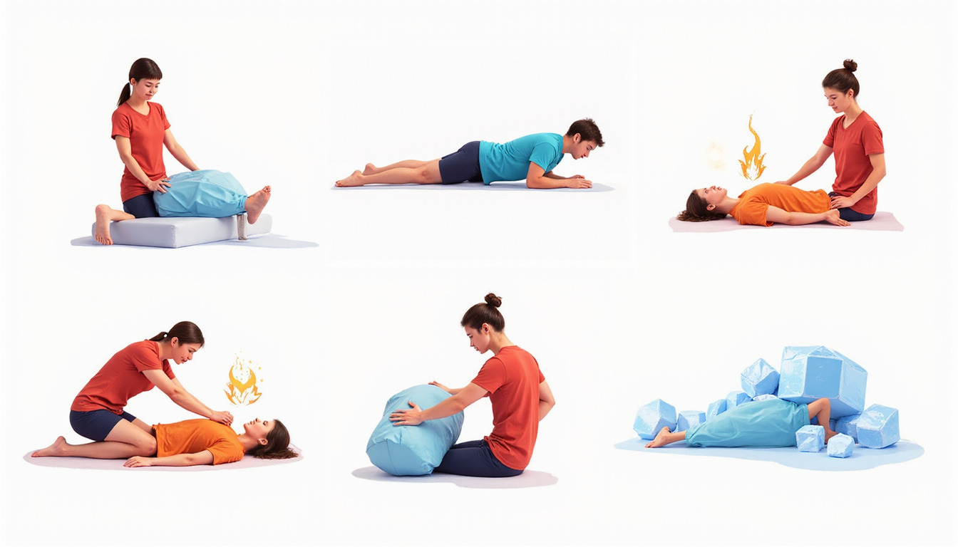 Dynamic series of seven medical icons: stretching, compression, massage, heat, ice, exercise, posture