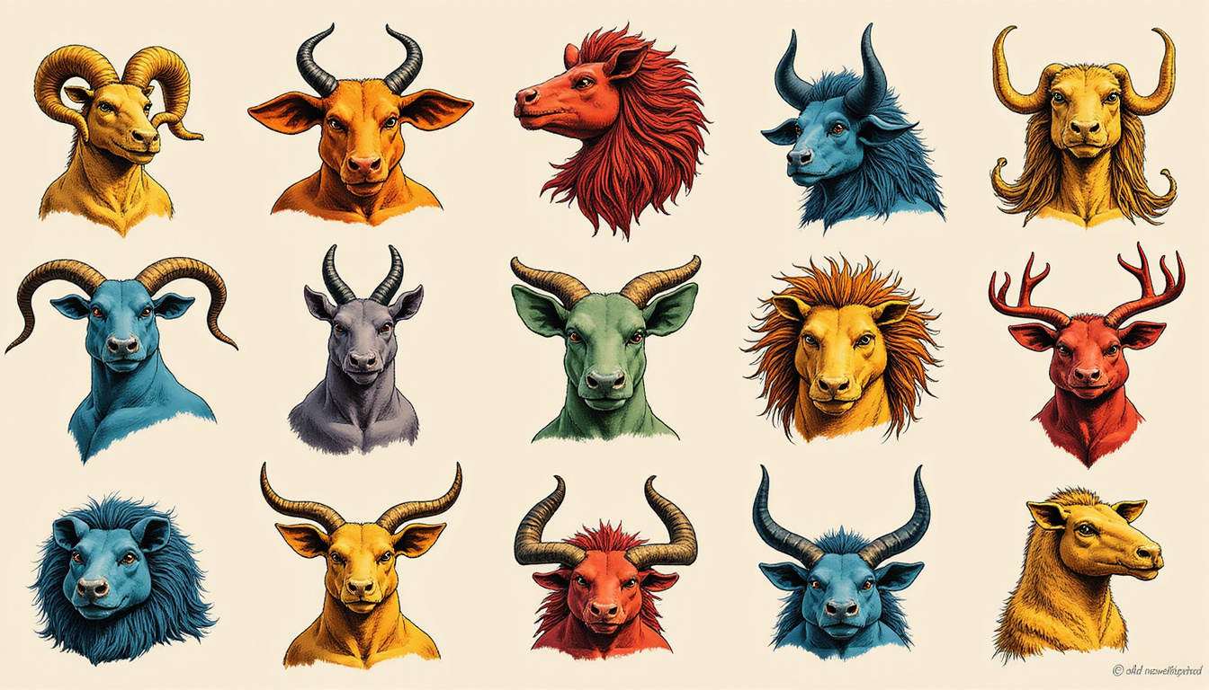  Satirical zodiac meme banner, each sign caricatured exaggerating annoying habits, bold colors, halftone texture