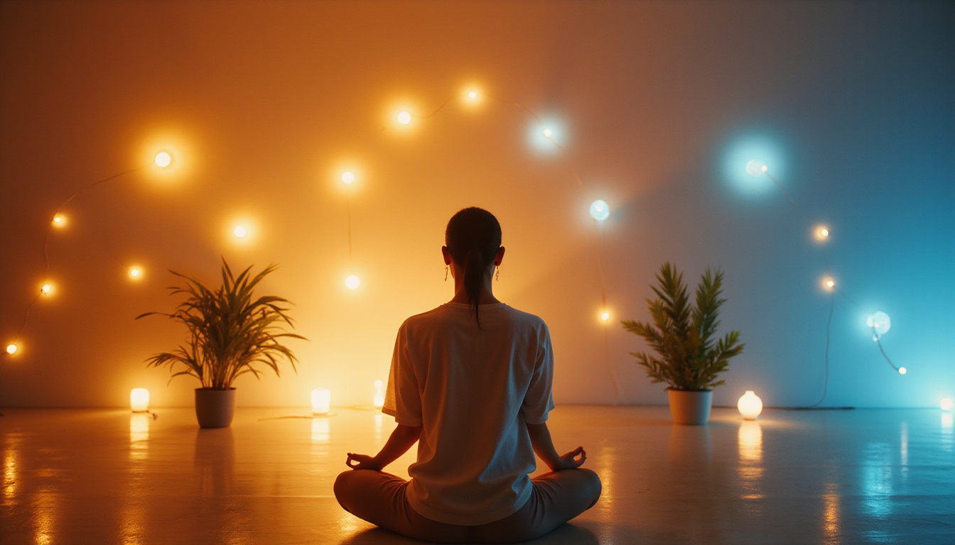  Modern wellness lab with floating chakra lights, focused individual reclaiming vitality, soft golden glow