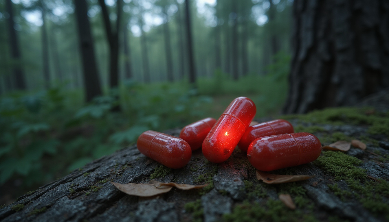  Dark forest scene of pine bark, capsules and warning red aura representing risks and interactions