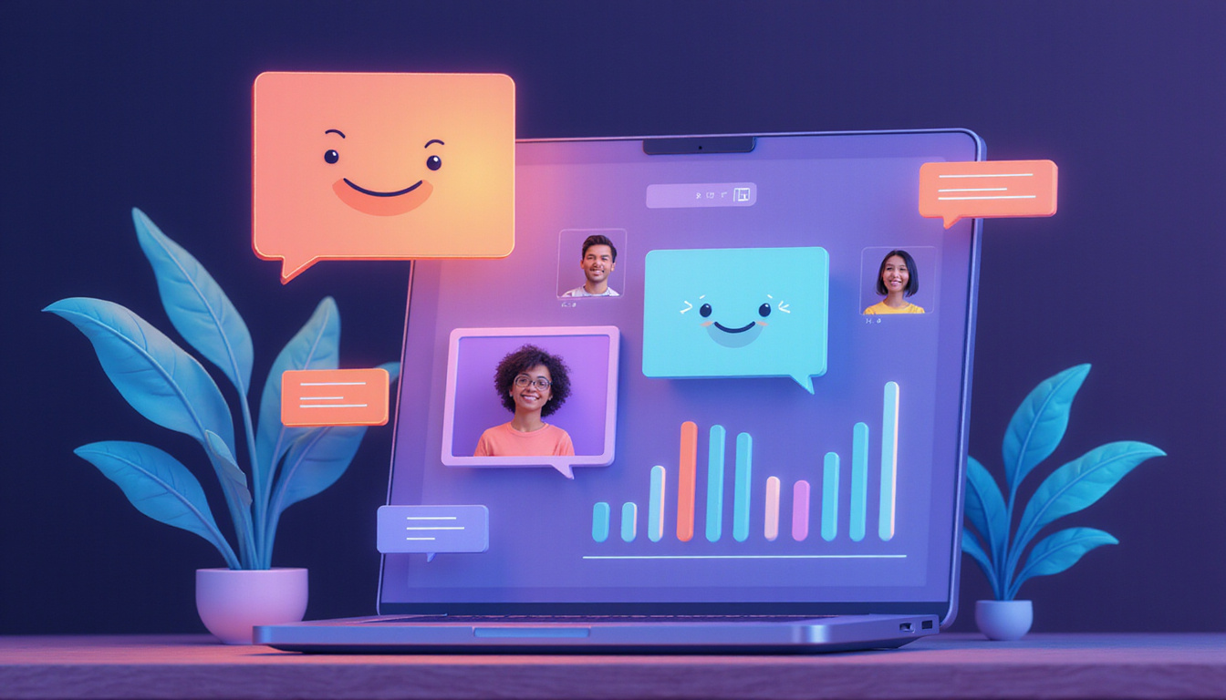  Interactive virtual open house dashboard, chat bubbles, smiling viewers, conversion metrics glowing upward
