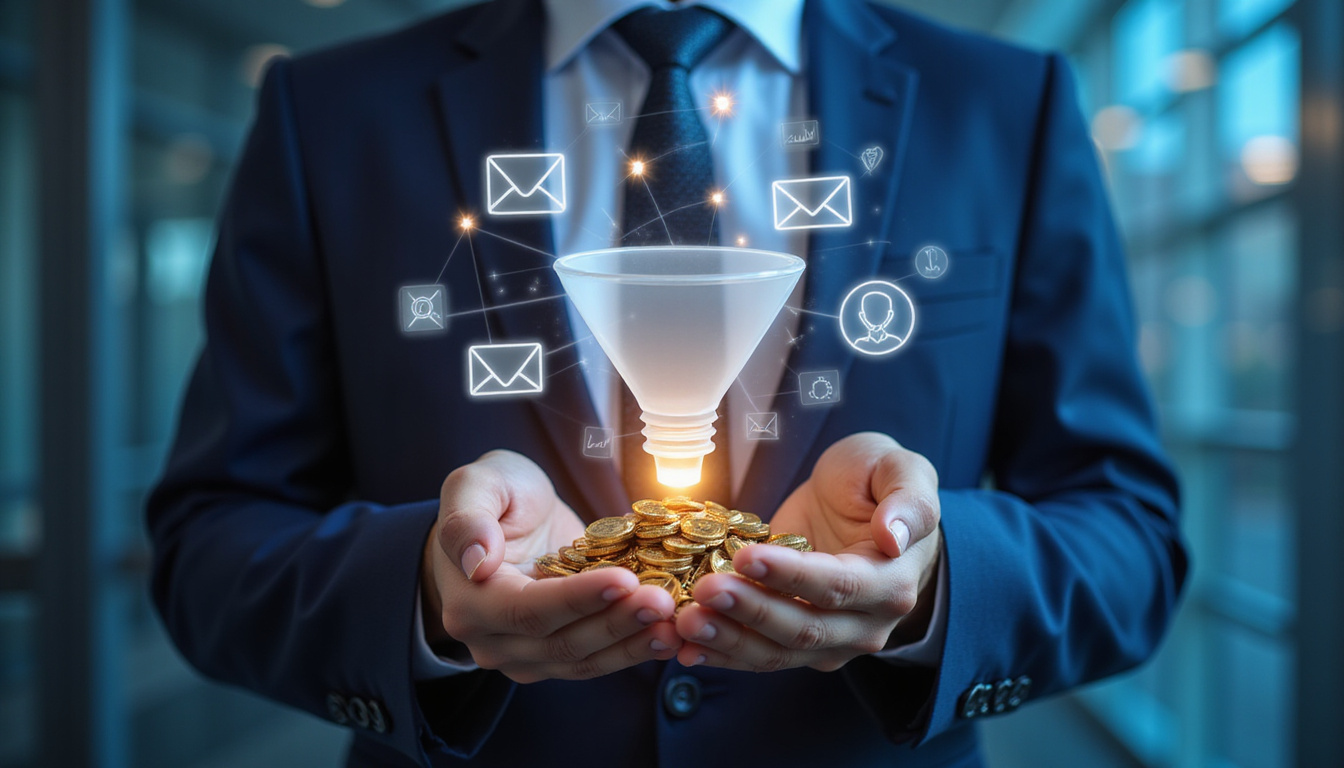 Data-driven analyst holding holographic funnel, email search social ad icons, coins streaming into chart