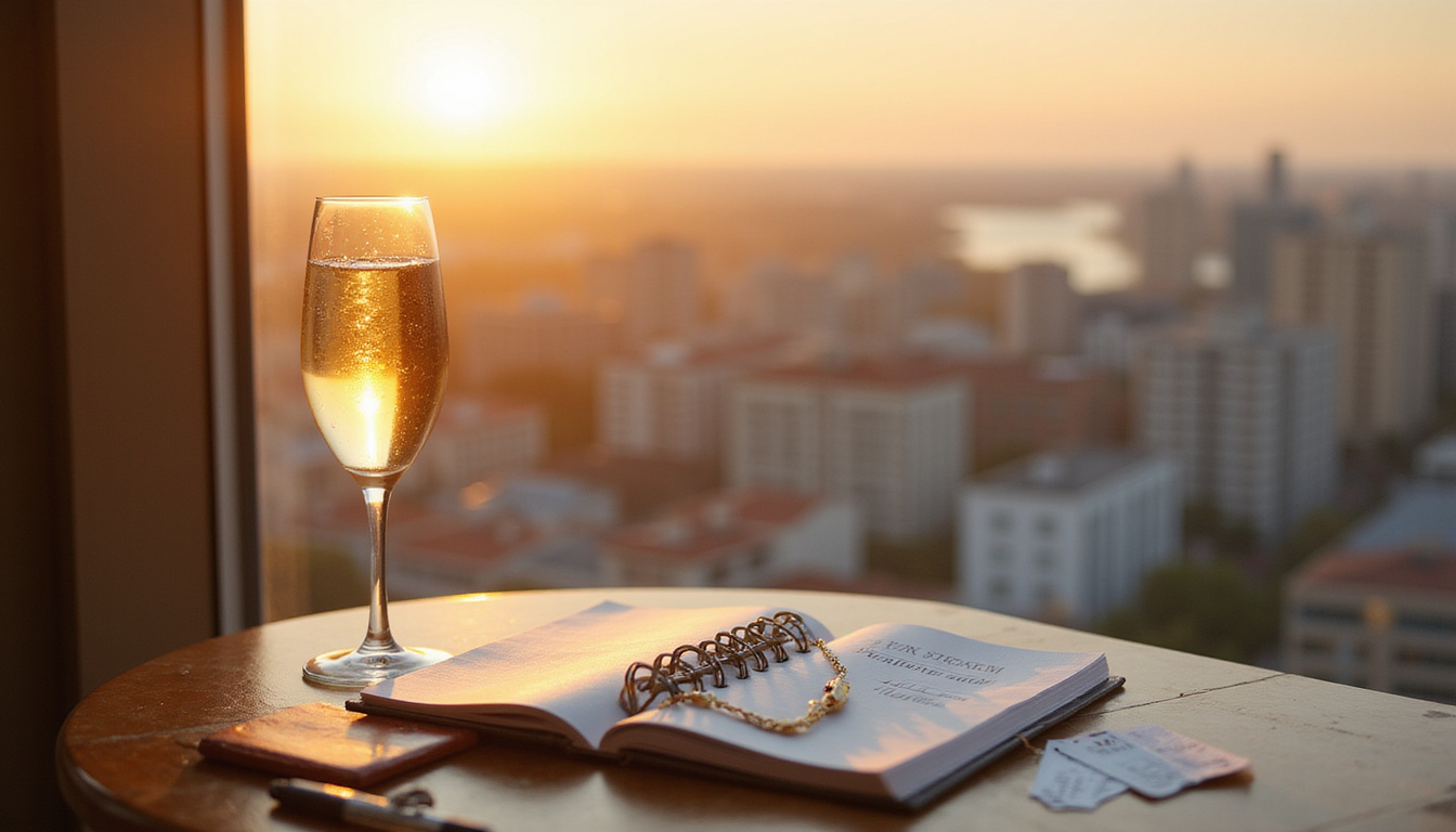  Traveler on balcony, champagne, city view, packing tips notebook, price tags, warm golden glow