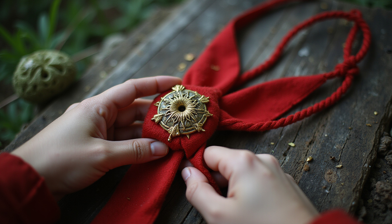  Close-up hands tying red cloth charm, sigils, moonlit grimoire, green-gold sparks