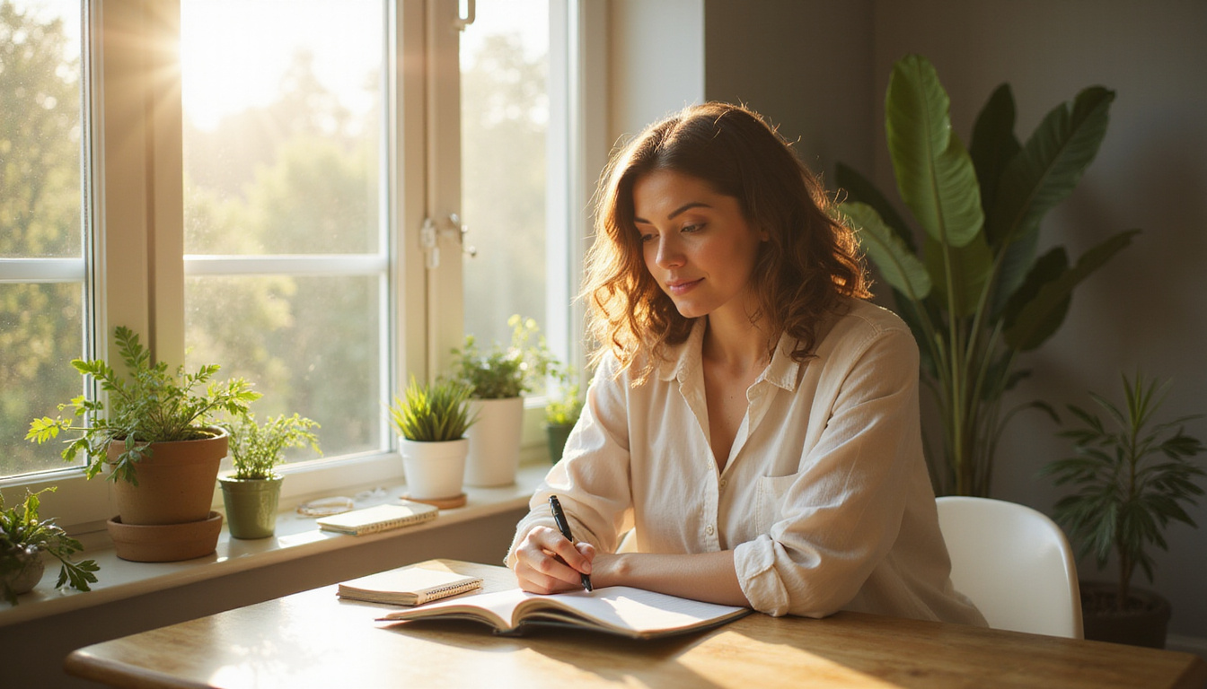  Person practicing gentle self-care routine, morning sunlight, plants, journaling, steps improving quality of life