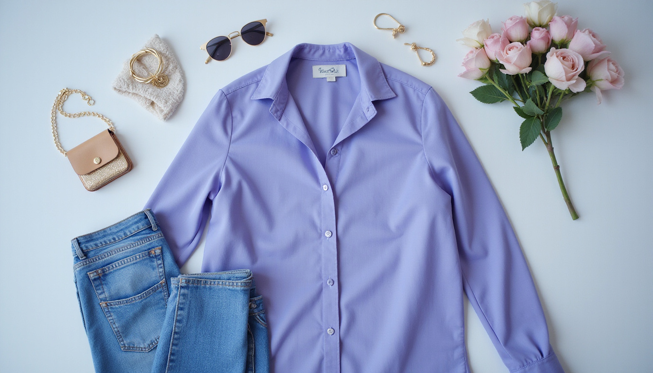  Chic periwinkle wardrobe flatlay: silk blouse, denim, gold accessories, minimalist styling, studio backdrop