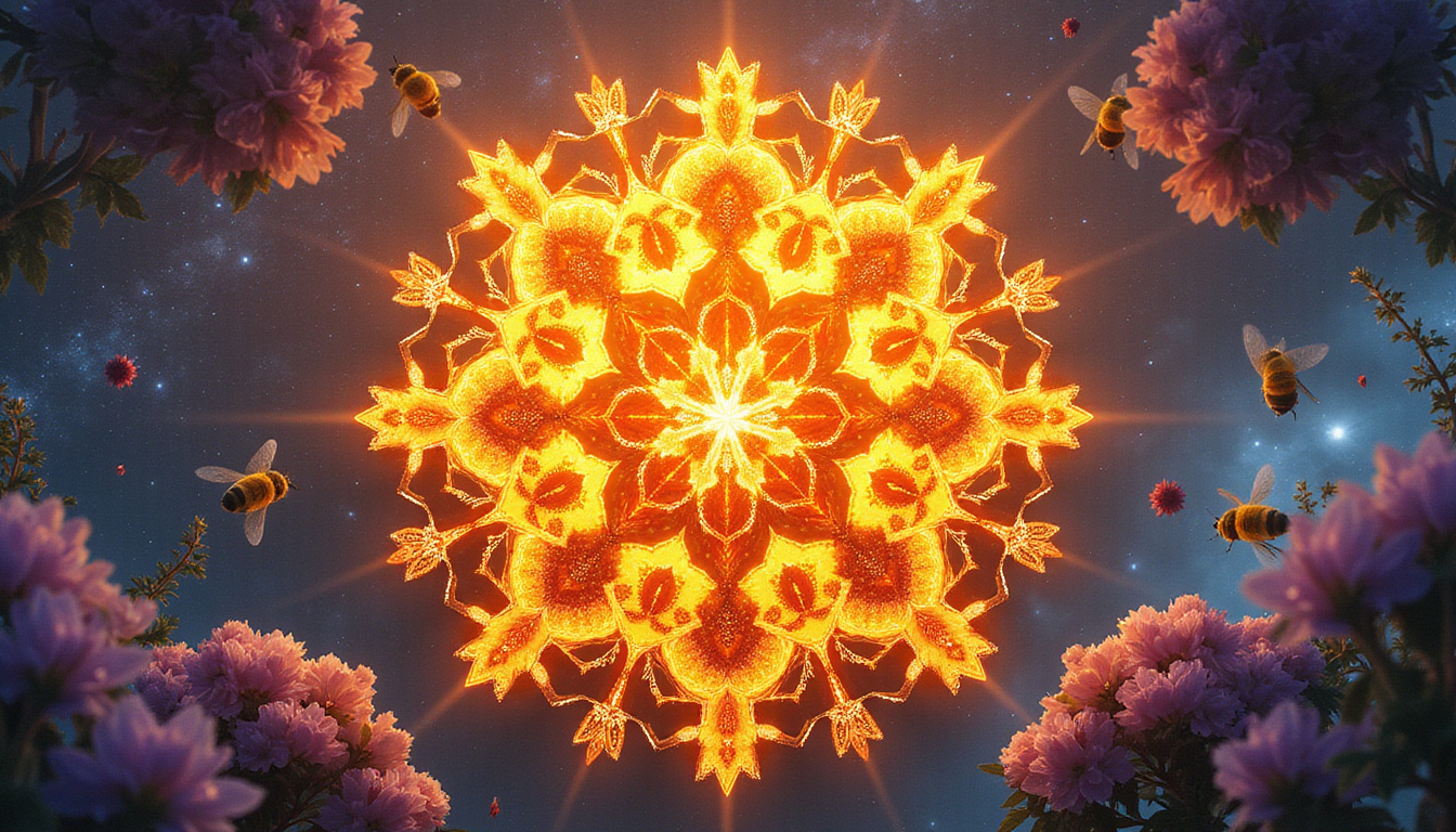 Honeycomb mandala with bees and blooming flowers, celestial aura, warm sunset palette