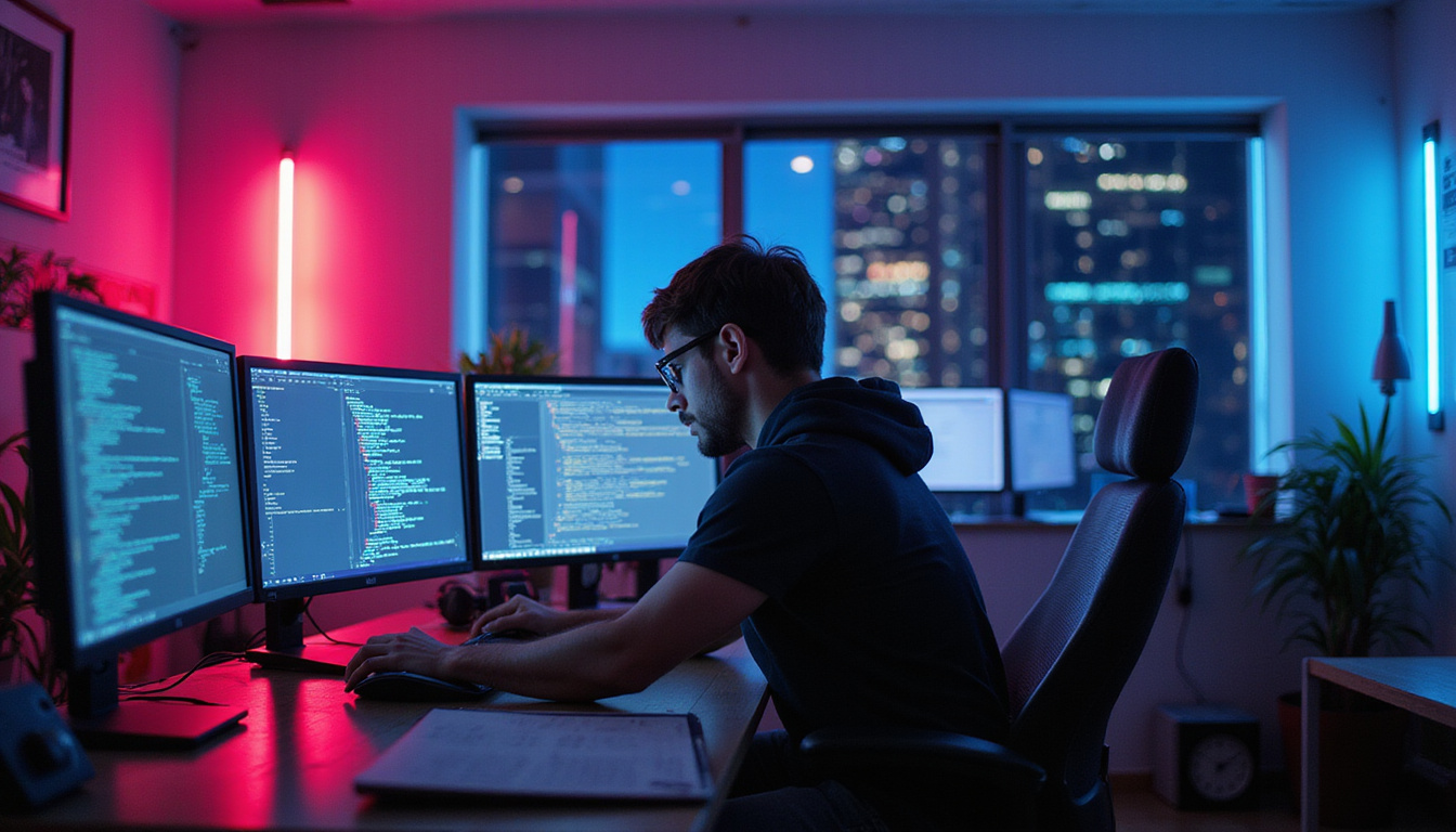  Frantic security analyst fixing MITRE ATT&CK gaps on neon-lit multi-monitor setup