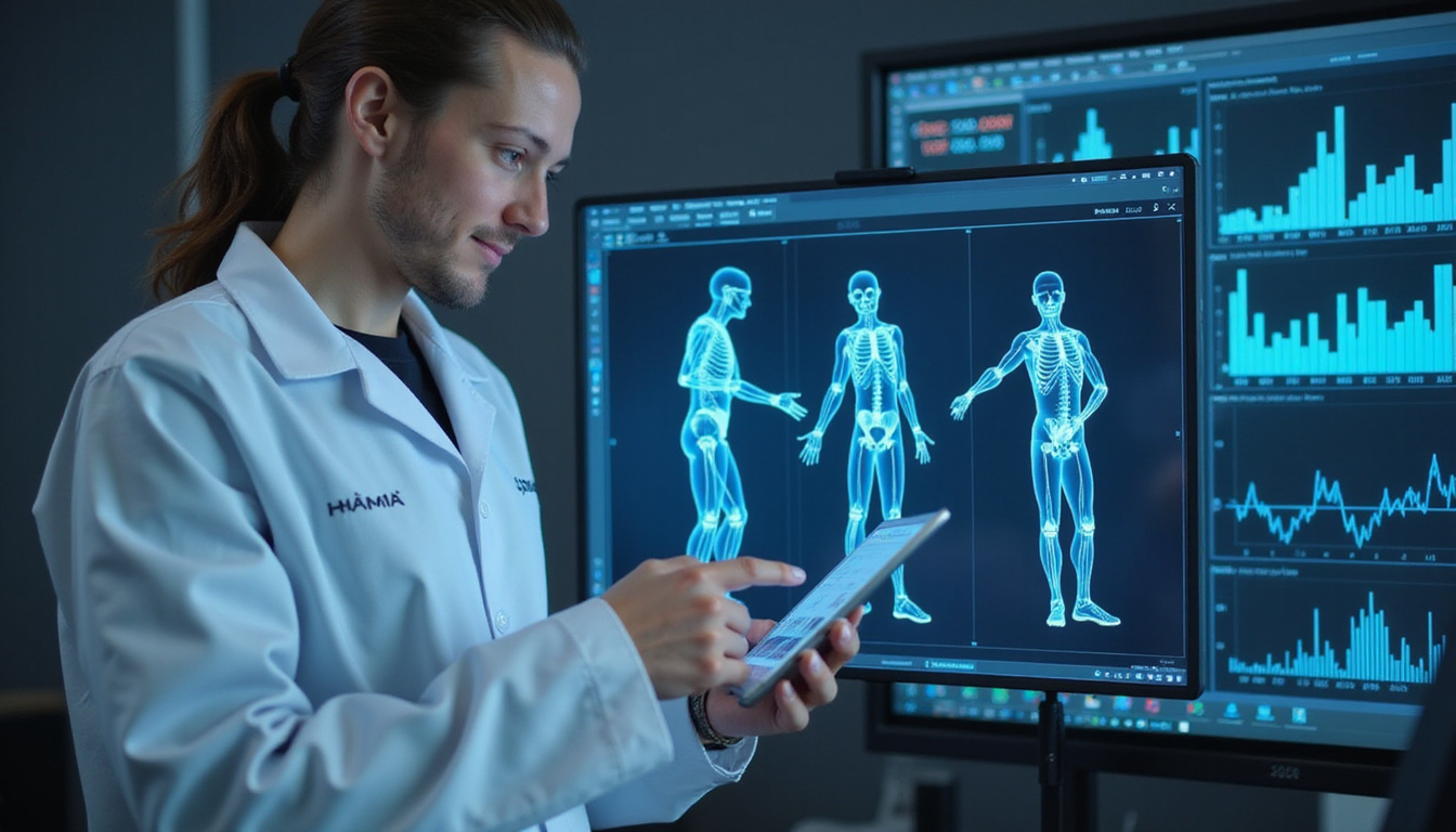 Sports scientist analyzing movement data on tablet, overlay skeletal lines, performance metrics, futuristic clinic