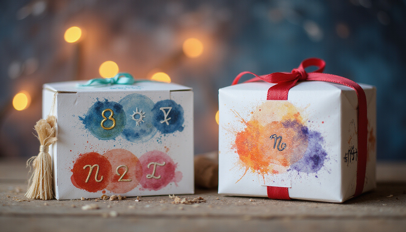 Artisan gift boxes labeled with zodiac symbols, celestial watercolor backgrounds, warm ambient lighting