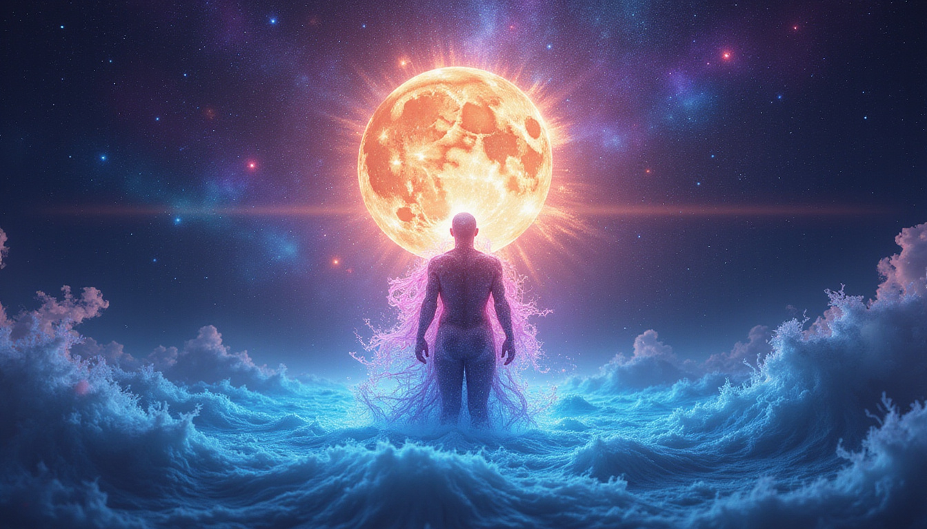 Energetic figure under radiant full moon, aura of colorful mood waves, stars sparkling