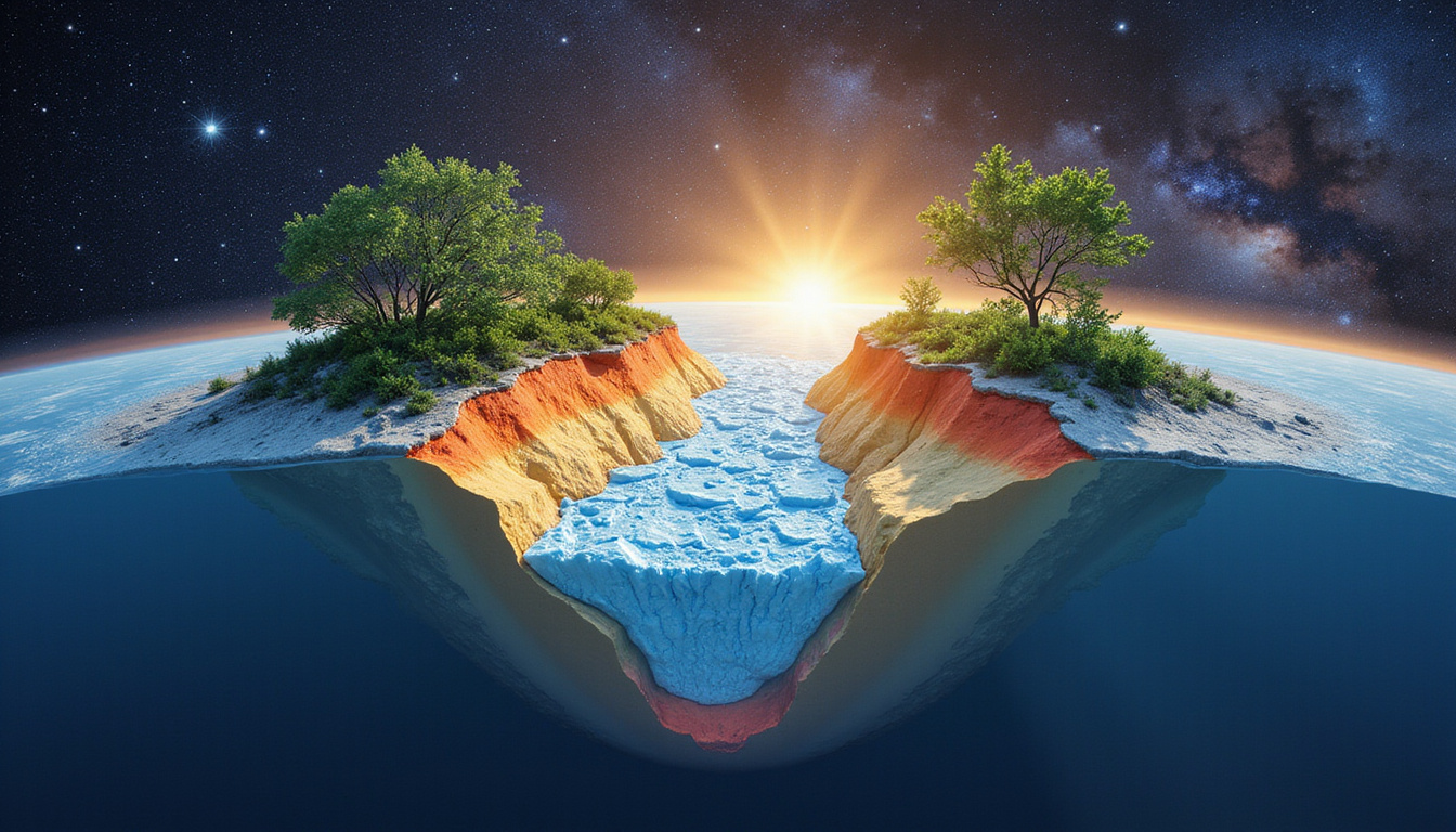  Cross-sectional view of habitable zone shifting, tidal heating, glaciated hemisphere and lush summer, cosmic backdrop