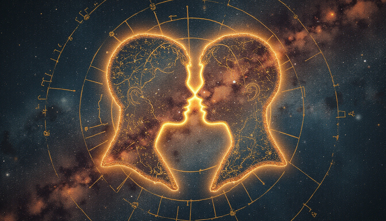 Vintage astrological synastry chart overlaying lovers, glowing aspect lines, hidden patterns emerge like constellations