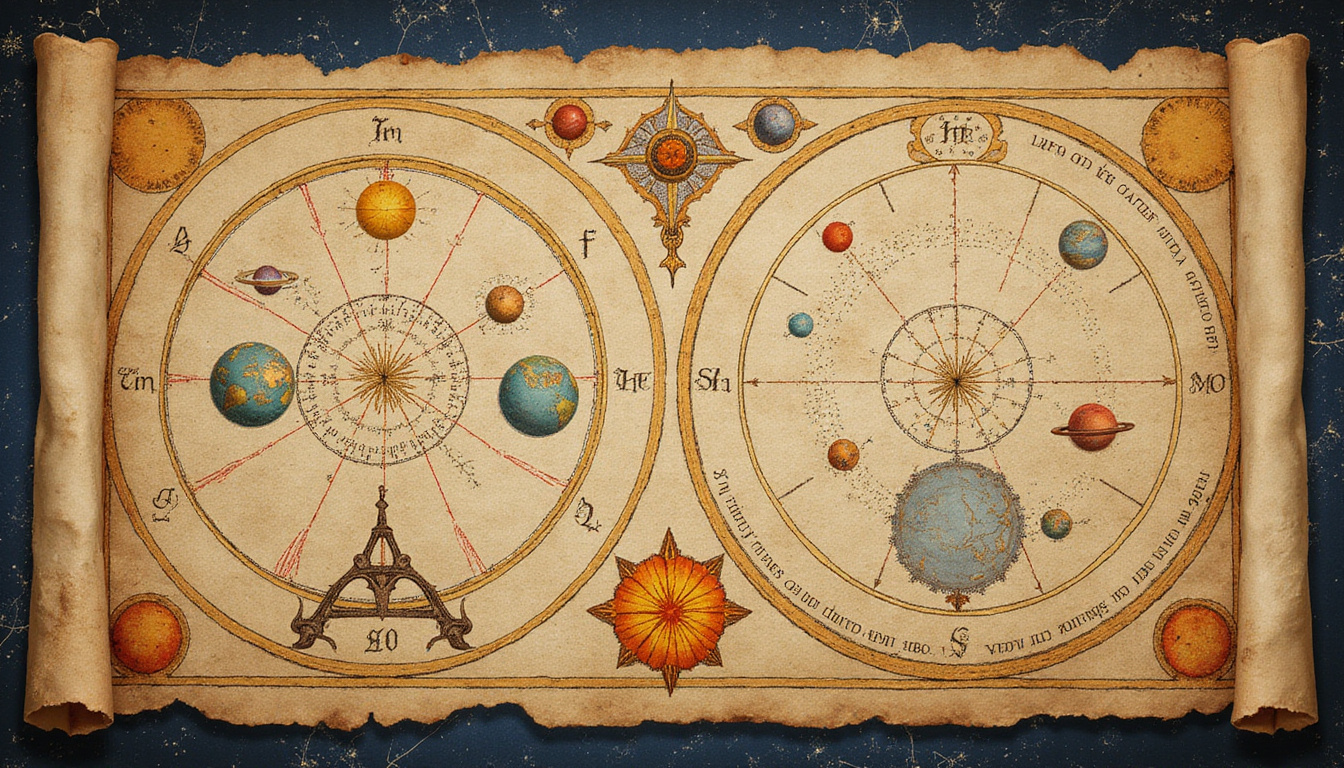 Ancient astrologer mapping natal planets on parchment, constellations illuminating secret life paths