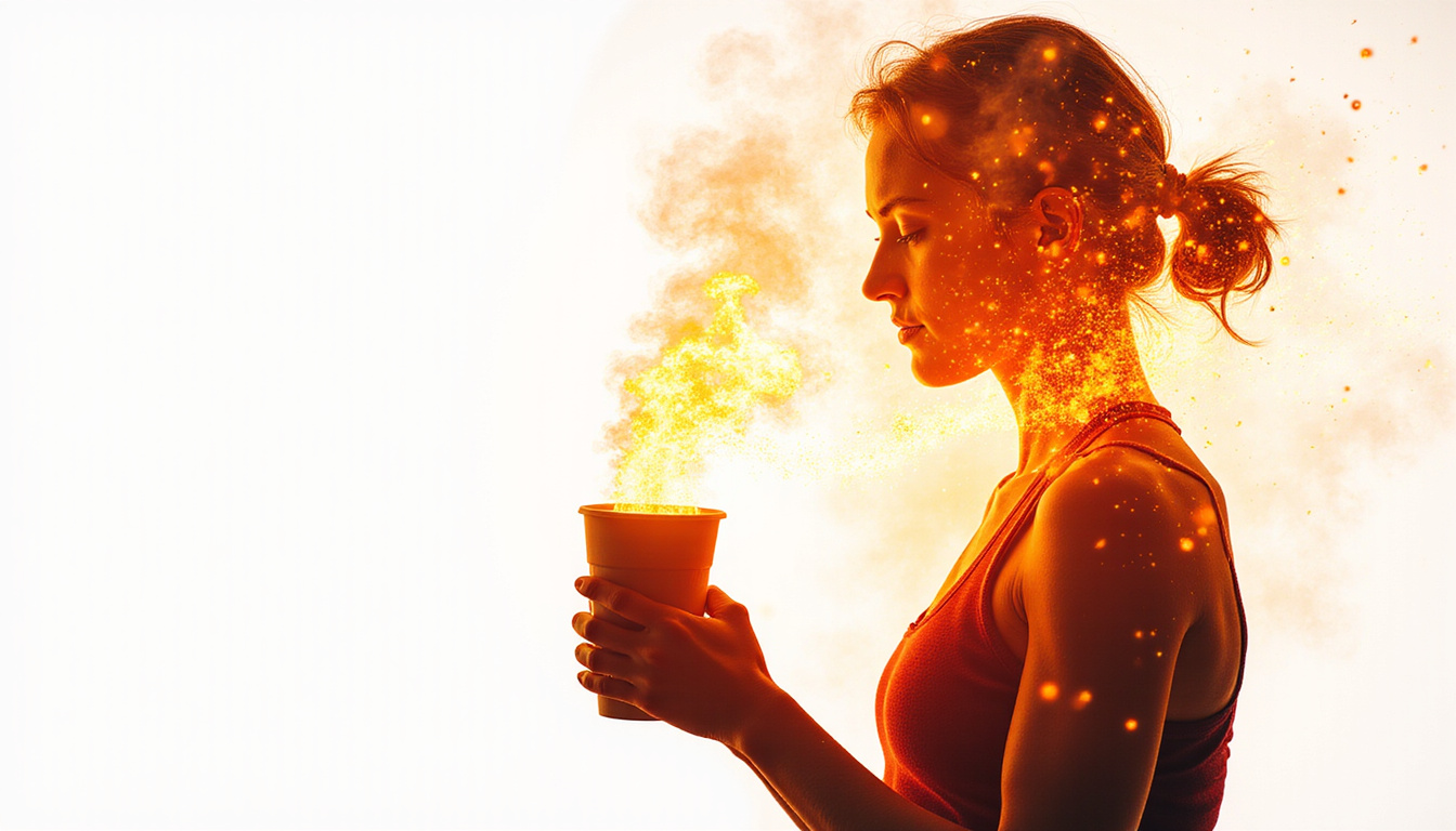  Focused athlete silhouette energized by steaming cup, metabolic fire, neural lightburst