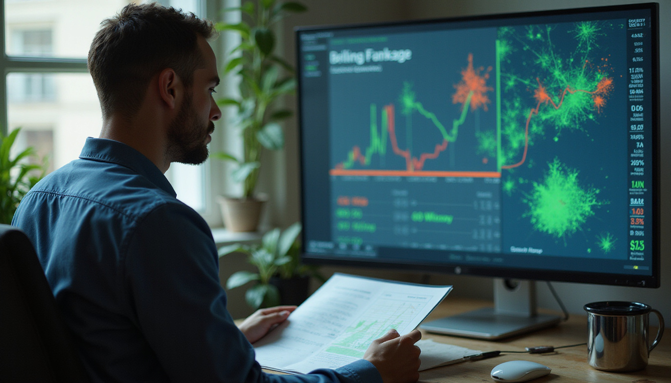 real estate investor studying interactive risk map, profit percentages, green safe zones