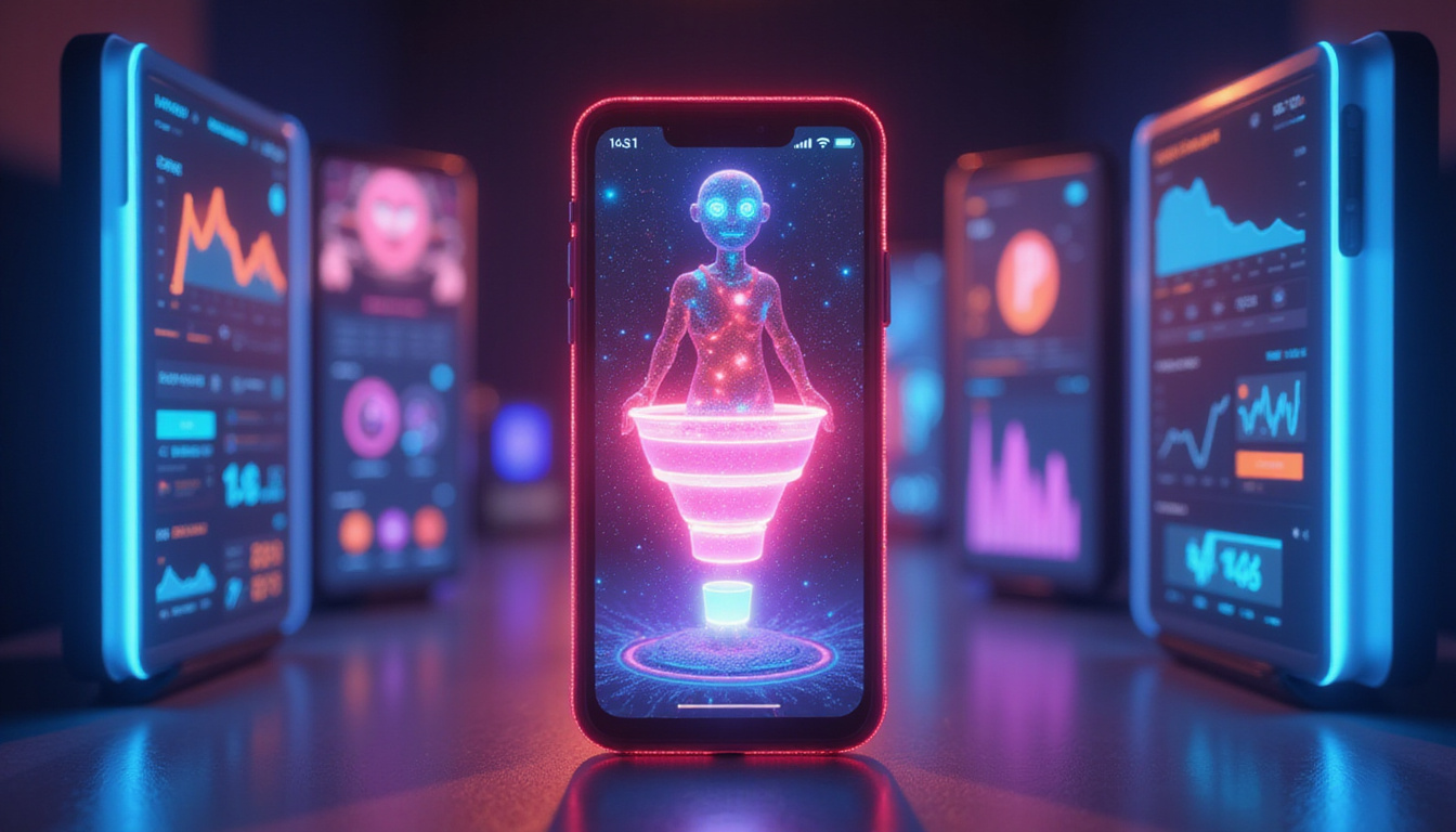 Mobile screens and AI avatars guiding users through glowing personalized funnels, conversion KPI dashboard