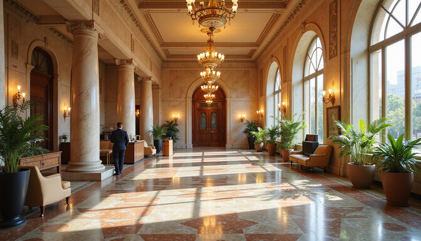 Opulent vintage lobby with marble columns, mosaic floors, brass chandeliers, staff in uniform