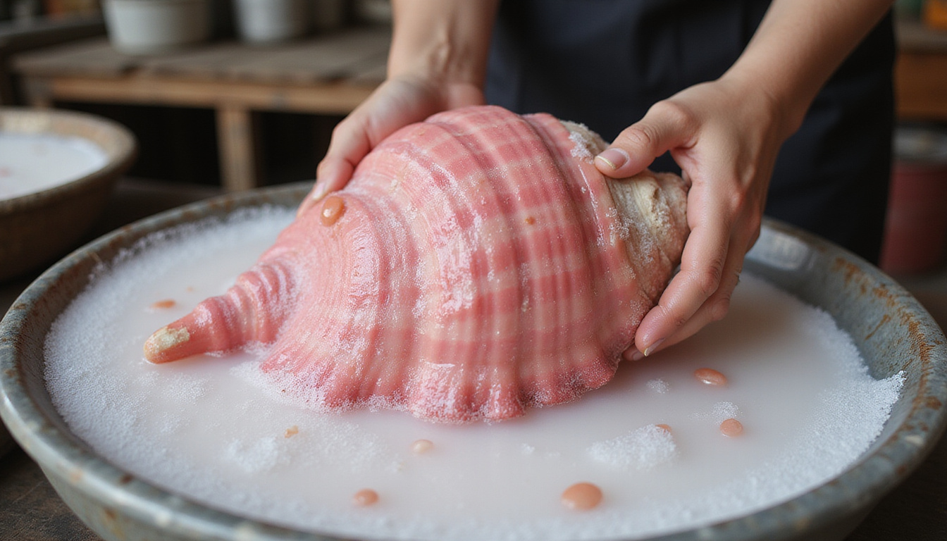  Hands polishing large pink conch, sudsy water, vintage market stall background