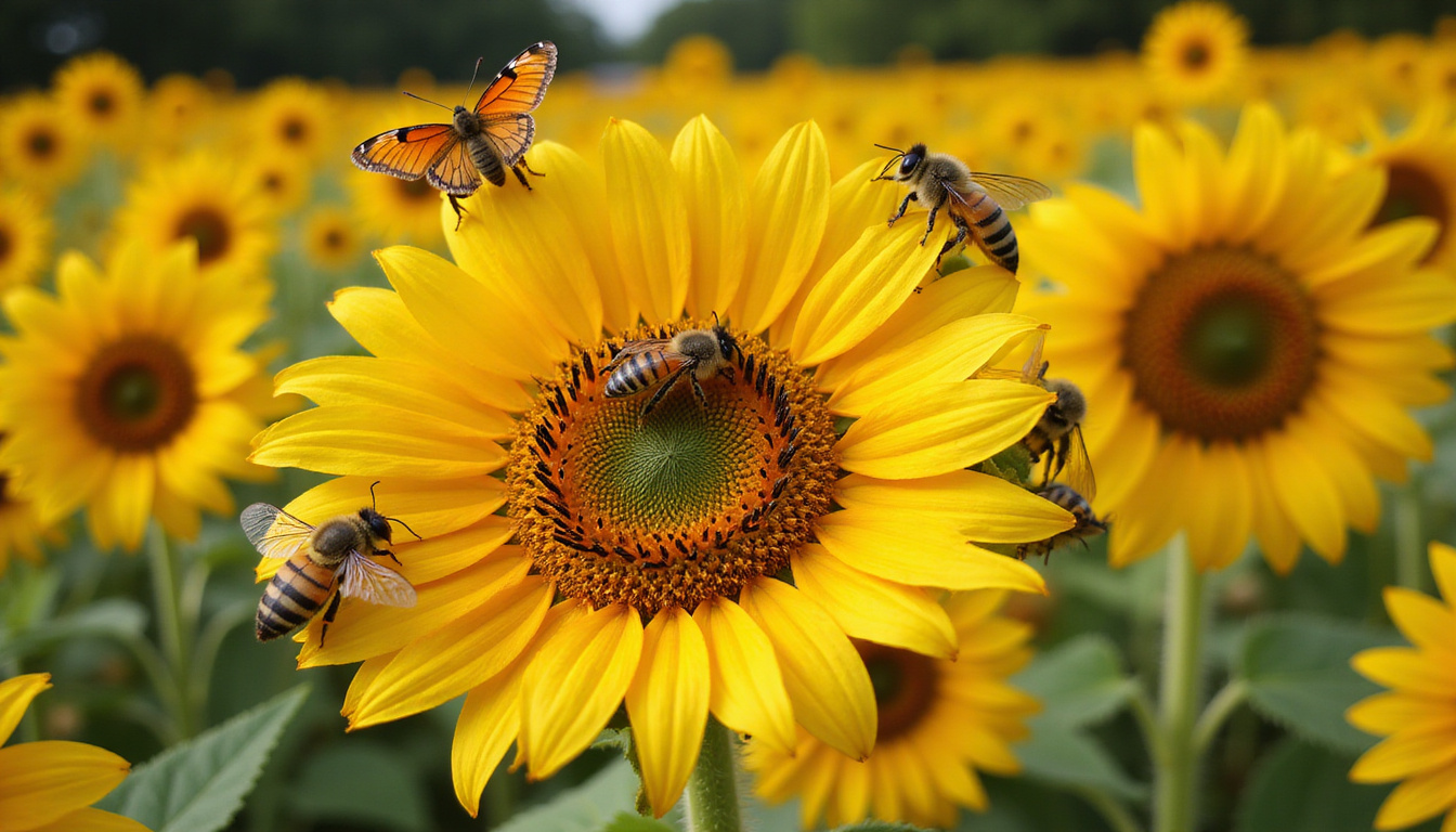 Close-up of bees and butterflies on massive sunflower heads in serene backyard