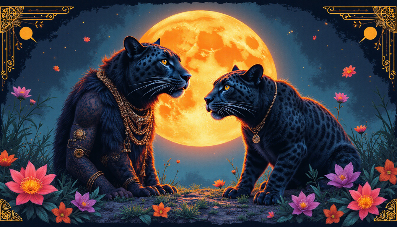  Shaman merging with jaguar under eclipse, transformative light, ancient sigils and blooming nocturnal flora
