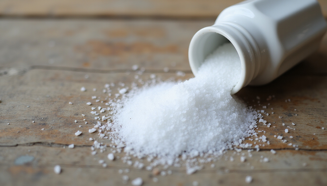 Close-up spilled salt cascade from porcelain shaker onto weathered wooden table, symbolic ritual
