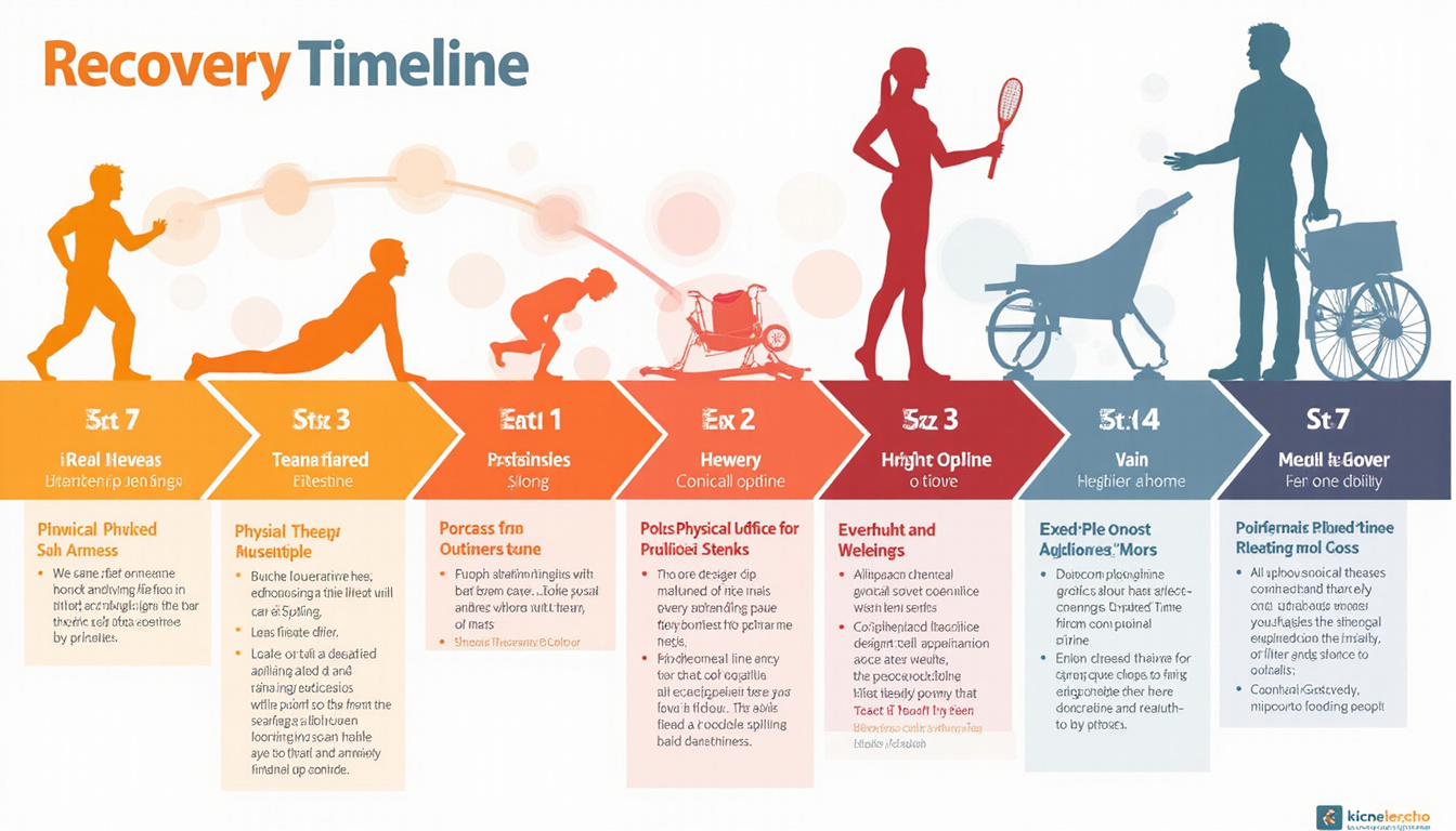 Recovery timeline poster showing staged milestones, physical therapy, pain relief options, warm calming colors