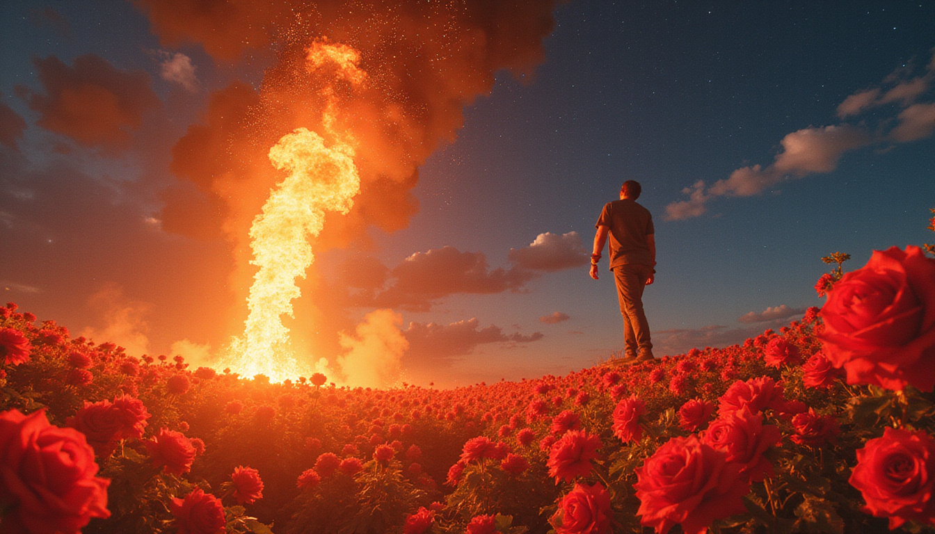  Bold person igniting a comet of fire, blooming red roses, zodiac glyph glowing