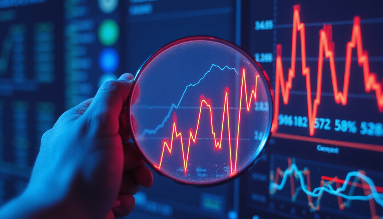 Data analyst with magnifying glass highlighting highest-value quintile, neon lines, minimalist flat design