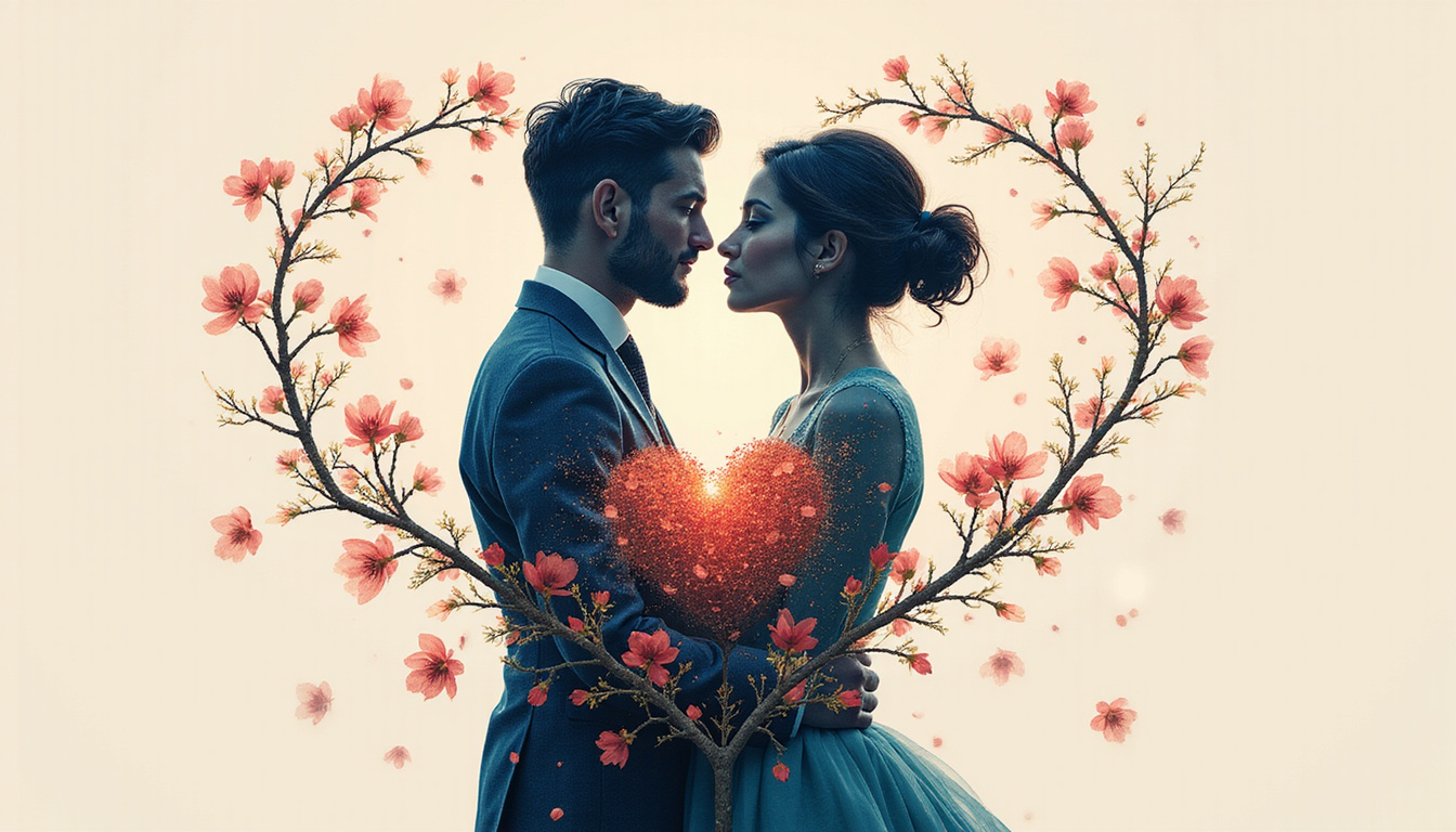 Artistic double-exposure of intertwined silhouettes, blooming flowers, heart-shaped constellations, sensual harmony, emotional depth