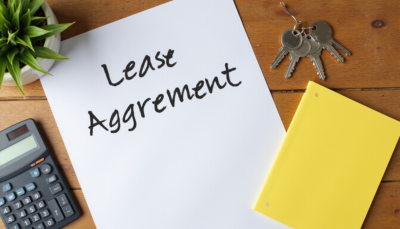  Flat-lay moving essentials, lease agreement, calculator, keys, budget planner, warm wood table, cinematic