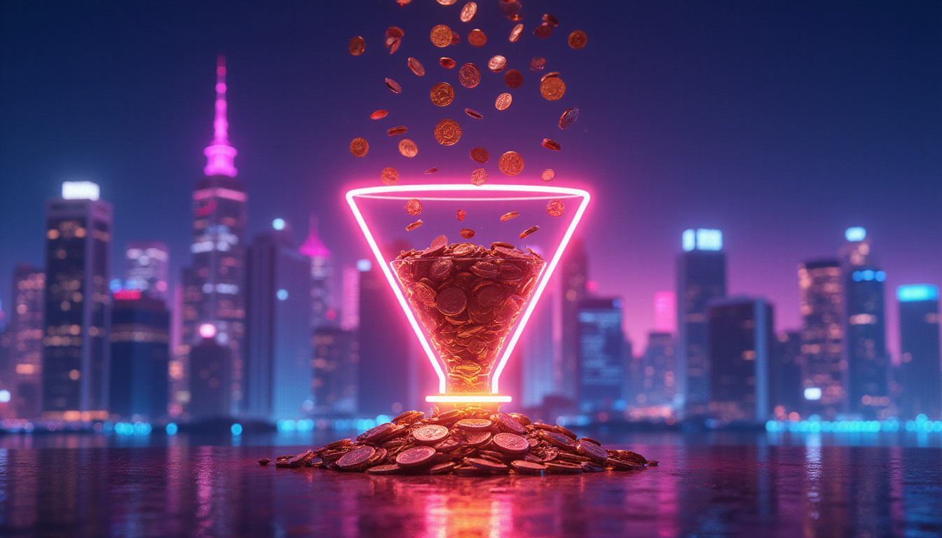 Neon city skyline of clicks and conversions, coins raining down onto illuminated conversion funnel