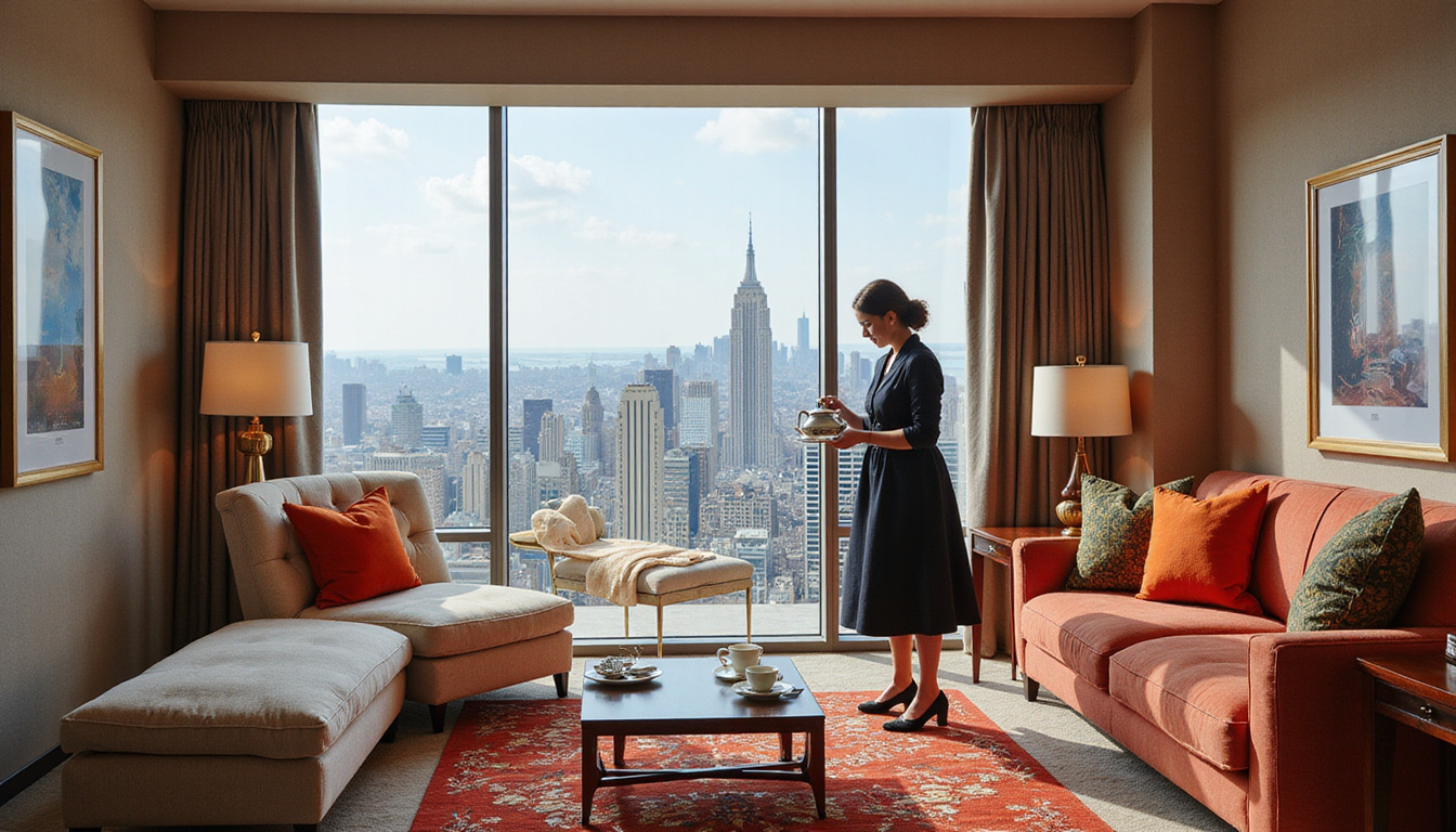  Luxury suite with bespoke furnishings, artisan textures, panoramic city view, personal butler arranging tea