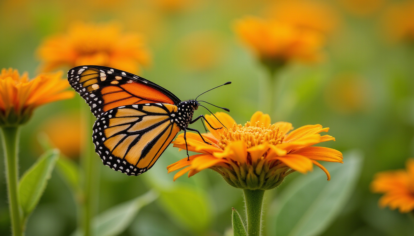 Close up monarch on milkweed showing host plant detail vibrant bokeh background
