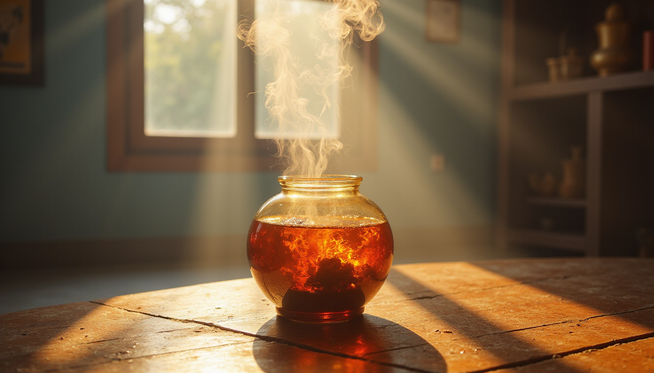  Antique glass jar releasing amber smoke, sunlit temple room filled with aromatic mist