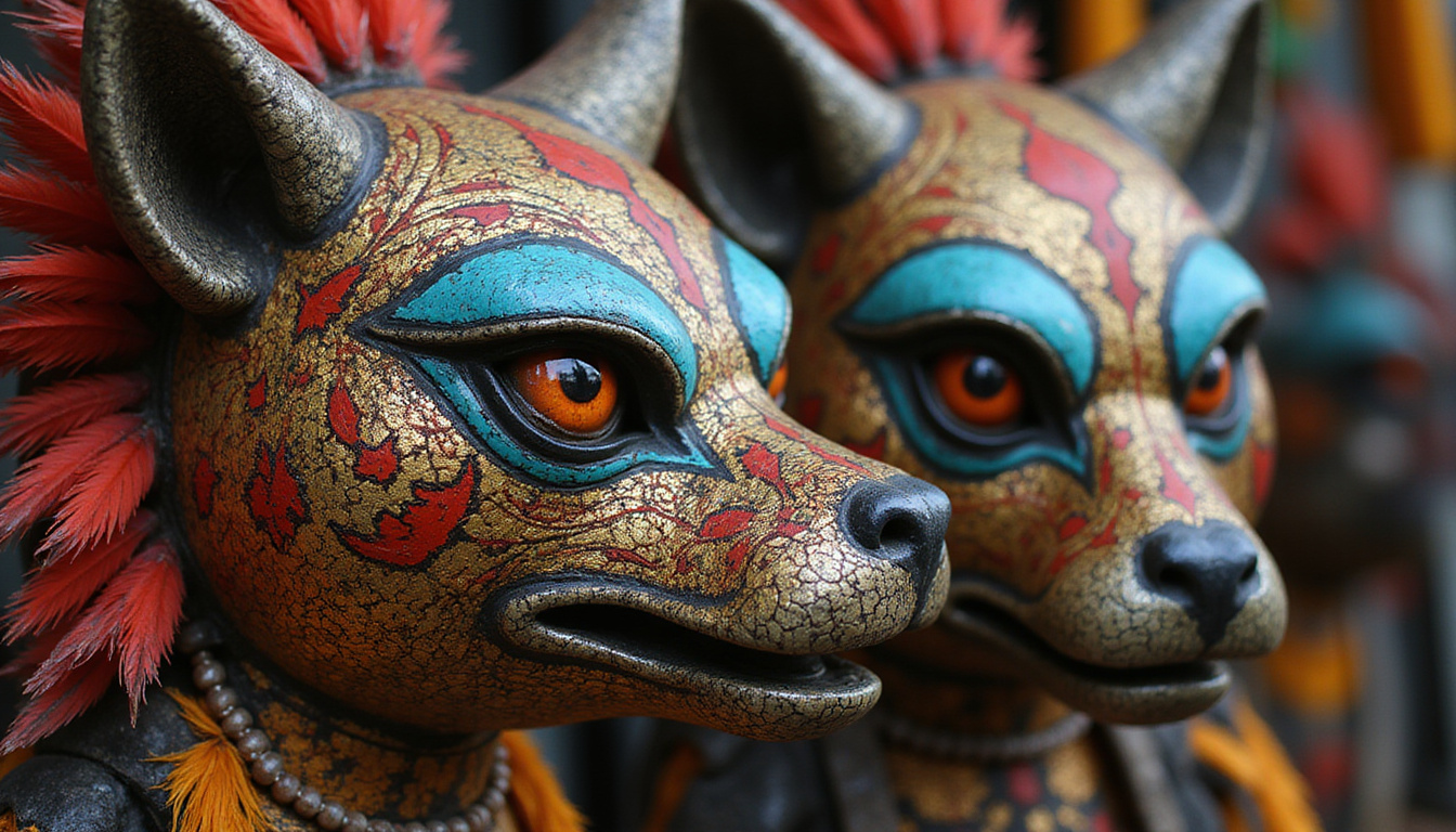  Close-up of ornate animal masks used in ritual dances, gold inlays, weathered feathers