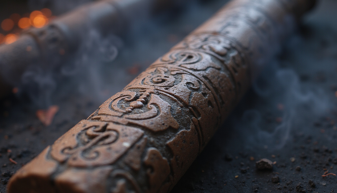  Close-up ancient rod etched with sigils, smoky aura revealing latent royal power